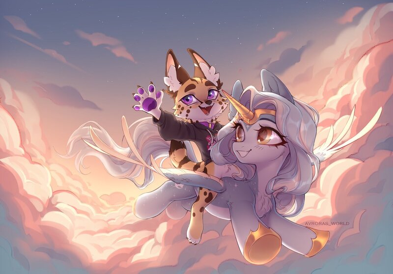 Size: 1200x837 | Tagged: safe, artist:avroras_world, derpibooru import, oc, unofficial characters only, alicorn, anthro, cat, digitigrade anthro, pony, alicorn oc, chest fluff, circlet, clothes, cloud, commission, duo, female, flying, grin, hoodie, hoof shoes, horn, image, jpeg, mare, non-pony oc, paw pads, paws, riding, smiling, spread wings, wings