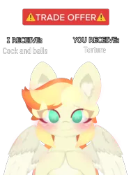 Size: 4096x5461 | Tagged: suggestive, artist:sodapop sprays, derpibooru import, oc, oc:sodapop sprays, unofficial characters only, pegasus, pony, chest fluff, commission, ear fluff, eye clipping through hair, image, looking at you, meme, png, simple background, solo, trade offer, trade offer meme, transparent background, ych result, your character here