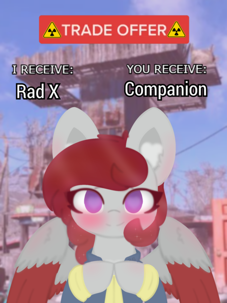 Size: 4096x5461 | Tagged: safe, artist:sodapop sprays, derpibooru import, oc, oc:skyfire lumia, unofficial characters only, pegasus, pony, fallout equestria, blushing, clothes, commission, ear fluff, fallout, fallout 4, image, jumpsuit, looking at you, meme, png, settlement, solo, trade offer, trade offer meme, vault suit, ych result, your character here