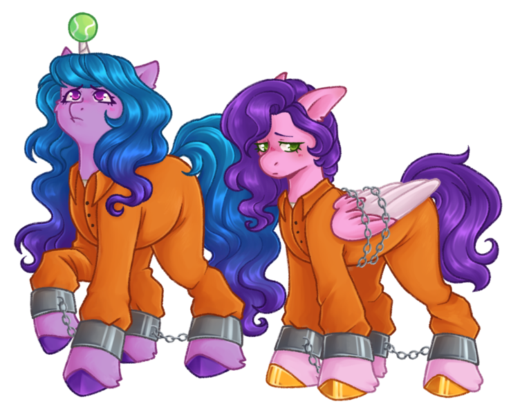 Size: 1231x1000 | Tagged: safe, artist:kazmuun, derpibooru import, izzy moonbow, pipp petals, g5, ball, bound wings, chained, chains, clothes, commissioner:rainbowdash69, cuffed, cuffs, duo, horn, hornball, image, izzy's tennis ball, jumpsuit, never doubt rainbowdash69's involvement, png, prison outfit, prisoner, prisoner im, prisoner pipp, sad, shackles, tennis ball, wings