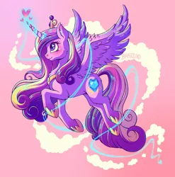 Size: 3981x4034 | Tagged: safe, artist:bratzoid, derpibooru import, princess cadance, alicorn, pony, g4, absurd resolution, female, floating heart, flying, glow, glowing horn, gradient background, heart, horn, image, jpeg, looking up, magic, mare, profile, solo, spread wings, wings