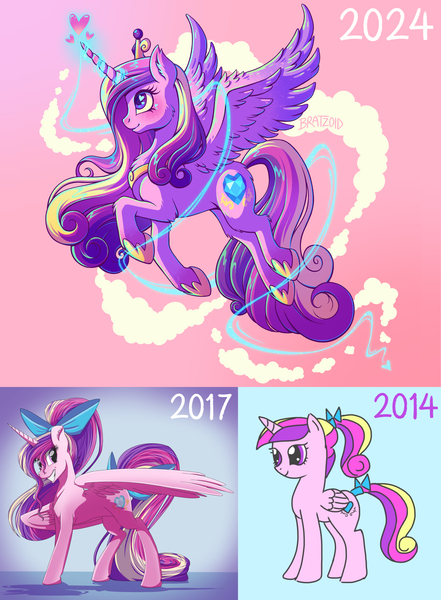 Size: 4375x5954 | Tagged: safe, artist:bratzoid, derpibooru import, princess cadance, alicorn, pony, g4, 2014, 2017, 2024, absurd resolution, art progress, female, filly, floating heart, flying, foal, glow, glowing horn, grin, heart, horn, image, jpeg, looking up, magic, mare, profile, smiling, solo, spread wings, teen princess cadance, wings