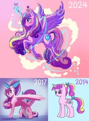 Size: 4375x5954 | Tagged: safe, artist:bratzoid, derpibooru import, princess cadance, alicorn, pony, g4, 2014, 2017, 2024, absurd resolution, art progress, female, filly, floating heart, flying, foal, glow, glowing horn, grin, heart, horn, image, jpeg, looking up, magic, mare, profile, smiling, solo, spread wings, teen princess cadance, wings