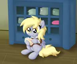 Size: 3403x2820 | Tagged: safe, artist:background basset, derpibooru import, derpy hooves, pegasus, pony, g4, box, clothes, female, folded wings, hoof hold, image, indoors, looking at something, mail, mailmare, mare, png, sitting, solo, uniform, wings, wooden floor