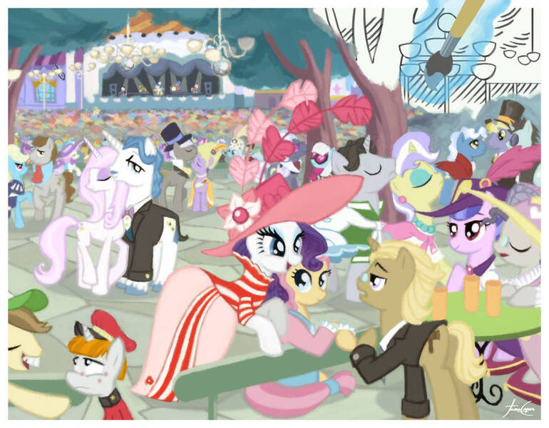 Size: 1013x789 | Tagged: safe, derpibooru import, fancypants, fleur-de-lis, golden gavel, hayseed turnip truck, jet set, pish posh, rarity, silver frames, upper crust, vance van vendington, ponified, pony, equestria girls, g4, canterlot, classic art, concert, high society, image, jpeg, magic, outdoors, paintbrush, painting, pierre-auguste renoir, solo, stage, table