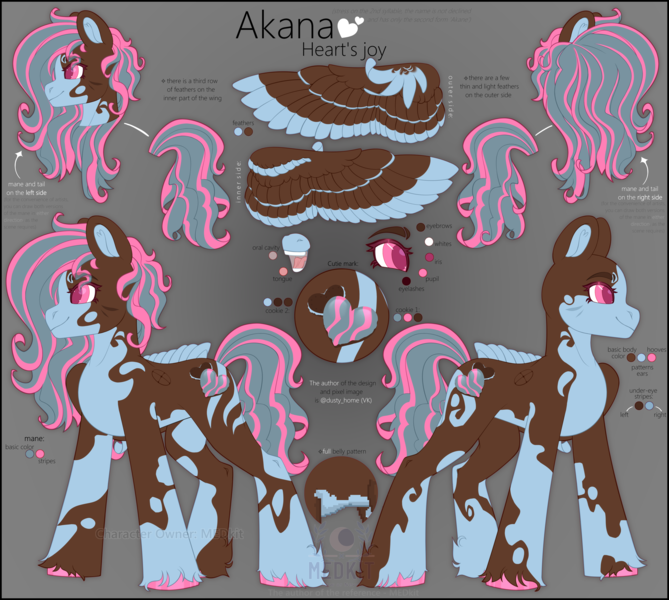 Size: 3900x3500 | Tagged: safe, artist:medkit, derpibooru import, oc, oc:akana (heart's joy), unofficial characters only, pegasus, pony, bust, closed mouth, coat markings, color palette, colored ears, colored eyebrows, colored eyelashes, colored hooves, colored lineart, colored pupils, colored wings, colored wingtips, cookie, cutie mark, dark coat, eye clipping through hair, eyebrows, eyebrows visible through hair, eyes open, feathered wings, female, food, full body, glaze, gradient background, heart, heart shaped, high res, hooves, image, lightly watermarked, long mane, long tail, mare, multicolored coat, open mouth, oral cavity, owner:medkit, pegasus oc, pink eyes, png, quadrupedal, reference sheet, side view, signature, silhouette, smiling, solo, spiral, standing, sternocleidomastoid, striped mane, striped tail, stripes, tail, teeth, text, tongue out, two toned mane, two toned tail, two toned wings, unshorn fetlocks, wall of tags, watermark, wavy mane, wavy tail, wings