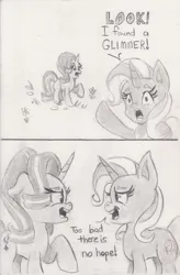 Size: 1310x2000 | Tagged: safe, artist:nedemai, derpibooru import, starlight glimmer, trixie, pony, unicorn, g4, 2 panel comic, atg 2024, comic, duo, duo female, female, grayscale, horn, image, jpeg, mare, monochrome, name pun, newbie artist training grounds, pencil drawing, pointing, traditional art