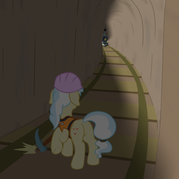 Size: 1919x1919 | Tagged: safe, artist:nitei, derpibooru import, ambrosia, cindy block, earth pony, pony, g4, atg 2024, clothes, dropping, female, floppy ears, hard hat, hat, image, light, mare, newbie artist training grounds, pickaxe, png, raised hoof, solo, train, train tracks, tunnel, vest