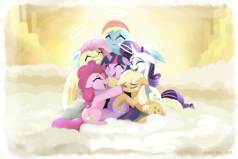 Size: 2400x1600 | Tagged: safe, artist:darksly, derpibooru import, applejack, fluttershy, pinkie pie, rainbow dash, rarity, twilight sparkle, earth pony, pegasus, pony, unicorn, atg 2024, cloud, crying, eyes closed, female, group hug, halo, heaven, horn, hug, image, jpeg, mane six, mare, newbie artist training grounds, on a cloud, open mouth, open smile, sitting, sitting on cloud, smiling, tears of joy