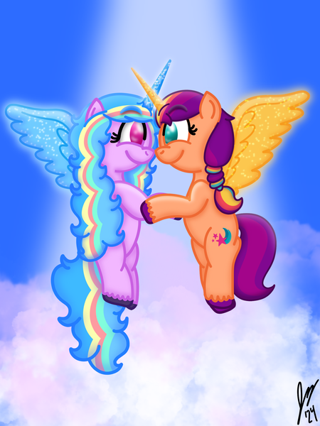 Size: 1620x2160 | Tagged: safe, artist:jesslmc16, derpibooru import, izzy moonbow, sunny starscout, alicorn, pony, g5, cloud, cute, cutie mark, duo, duo female, female, flying, glow, glowing horn, horn, image, izzy rainbow, izzybetes, lesbian, mane stripe sunny, mare, png, race swap, ship:moonscout, shipping, signature, sky, spotlight, spread wings, sunnybetes, wings