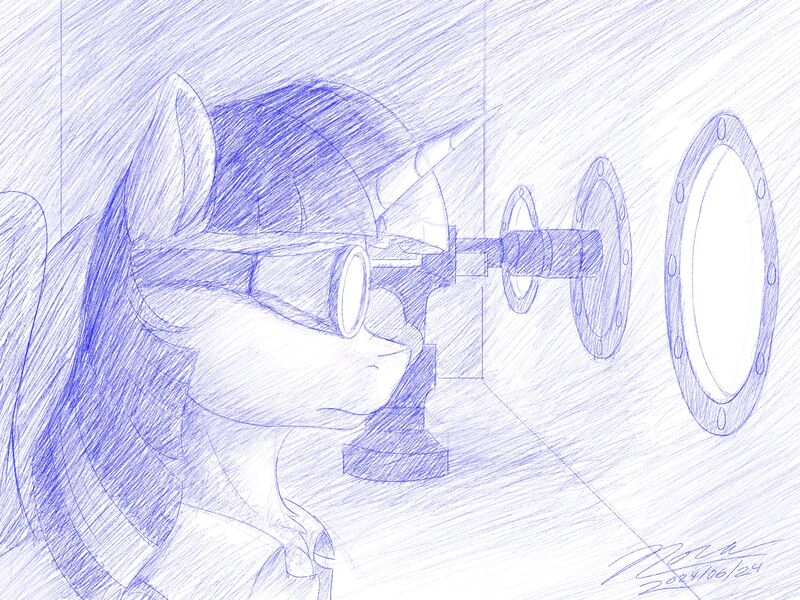 Size: 1920x1440 | Tagged: safe, artist:novaintellus, derpibooru import, twilight sparkle, twilight sparkle (alicorn), alicorn, pony, g4, atg 2024, bust, female, goggles, image, jpeg, mare, monochrome, newbie artist training grounds, oppenheimer, profile, safety goggles, solo