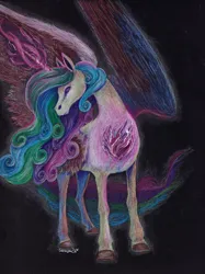 Size: 5017x6716 | Tagged: safe, artist:cahandariella, derpibooru import, princess celestia, alicorn, horse, atg 2024, colored pencil drawing, fanfic art, glow, glowing horn, heart, horn, image, jpeg, magic, newbie artist training grounds, spell, traditional art