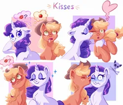 Size: 1948x1663 | Tagged: safe, artist:irisikiki, derpibooru import, applejack, rarity, earth pony, pony, unicorn, g4, apple, blush lines, blushing, comic, drool, duo, duo female, face licking, female, food, horn, image, jpeg, kiss mark, kiss on the cheek, kissing, lesbian, licking, lipstick, pictogram, rarijack, shipping, simple background, skull, thought bubble, tongue out, white background