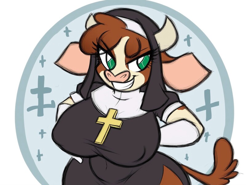 Size: 1600x1200 | Tagged: suggestive, artist:steelsoul, arizona cow, anthro, cow, them's fightin' herds, breasts, busty arizona, busty arizona cow, community related, cross, erect nipples, female, image, jpeg, nipple outline, nun, nun outfit, side slit, smiling, solo, solo female