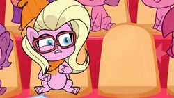 Size: 853x480 | Tagged: safe, derpibooru import, screencap, buttershy, my little pony: pony life, the great collide, spoiler:pony life s01e26, beanie, clothes, glasses, hat, image, mobile phone, phone, png, scarf, seat, solo