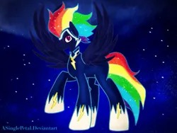 Size: 2048x1536 | Tagged: safe, artist:asinglepetal, derpibooru import, rainbow dash, zapp, pegasus, pony, g4, female, image, jpeg, night, night sky, nightmare rainbow dash, nightmare zapp, nightmarified, power ponies, procreate app, sky, solo, watermark