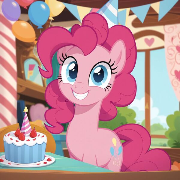 Size: 1024x1024 | Tagged: safe, ai content, derpibooru import, machine learning generated, prompter:harvydraws, stable diffusion, pinkie pie, earth pony, pony, g4, balloon, birthday, birthday cake, birthday party, cake, cute, diapinkes, food, generator:pony diffusion v6 xl, hat, image, jpeg, party, party hat, show accurate, solo