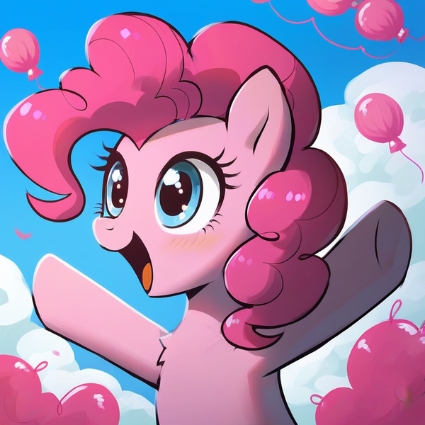 Size: 768x768 | Tagged: safe, ai content, derpibooru import, machine learning generated, prompter:foxpony, stable diffusion, pinkie pie, earth pony, pony, arms wide open, balloon, generator:pony diffusion v6 xl, image, open mouth, open smile, png, rainbowshining, smiling, solo