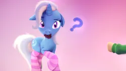 Size: 1476x830 | Tagged: safe, artist:nikosourcepone, derpibooru import, trixie, pony, unicorn, g4, 3d, clothes, cute, diatrixes, female, floppy ears, horn, image, looking at you, mare, mouth hold, offscreen character, pinecone, png, pointing, question mark, raised hoof, simple background, socks, solo focus, source filmmaker, striped socks, trixie eating pinecones