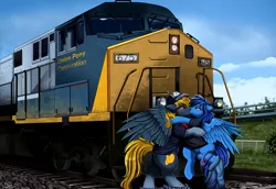 Size: 3309x2270 | Tagged: safe, artist:pridark, derpibooru import, oc, unofficial characters only, pegasus, pony, digital art, duo, female, image, imminent sex, kissing, locomotive, male, mare, pegasus oc, png, stallion, train, undressing, wings