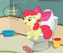 Size: 1596x1340 | Tagged: safe, artist:memeartboi, derpibooru import, apple bloom, earth pony, pony, g4, adorabloom, bathroom, bucket, but why, cute, female, filly, foal, hollering, image, imminent flush, implied applejack, implied pooping, jpeg, potty, potty time, potty training, sitting, sitting on toilet, solo, toilet, toilet humor, trash can, vector, vector used