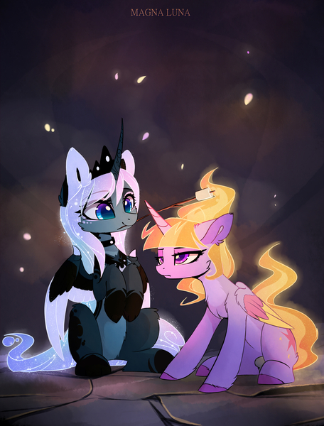 Size: 2331x3066 | Tagged: safe, artist:magnaluna, derpibooru import, princess luna, twilight sparkle, alicorn, pony, g4, alternate design, chest fluff, colored wings, colored wingtips, crown, curved horn, duo, duo female, ear fluff, eye clipping through hair, eyebrows, eyebrows visible through hair, female, folded wings, food, high res, horn, image, jewelry, jpeg, mare, marshmallow, mouth hold, multicolored wings, partially open wings, regalia, sitting, smiling, tail, wings