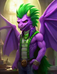 Size: 896x1152 | Tagged: safe, ai content, derpibooru import, generator:shedevrum, machine learning generated, prompter:nickdisneyfan78, spike, dragon, g4, adult, adult spike, image, jpeg, male, older, older spike, smiling, winged spike, wings