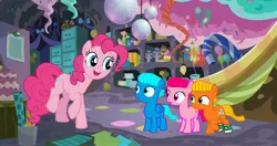 Size: 2716x1436 | Tagged: safe, artist:memeartboi, derpibooru import, pinkie pie, surprise, ponified, earth pony, pegasus, pony, g4, anais watterson, brother and sister, brothers, cake, cave, clothes, collaboration, colt, crossover, cute, daisy the donkey, darwin watterson, disco ball, doll, element of laughter, family, female, filly, foal, food, group, gumball watterson, happy, hat, image, jpeg, male, meeting, party, party cave, party hat, party pony, siblings, socks, surprised, the amazing world of gumball, toy, trio