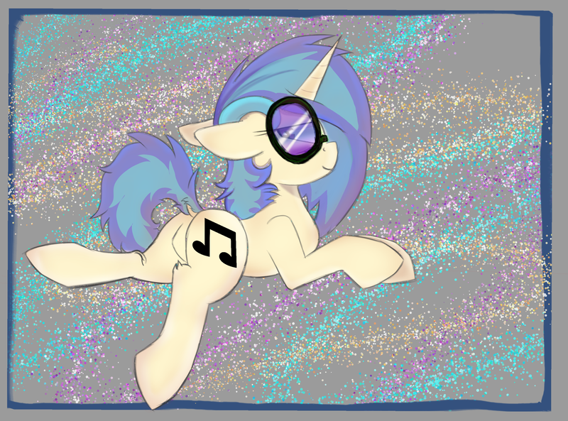 Size: 2700x2000 | Tagged: safe, alternate version, artist:psychotix, derpibooru import, vinyl scratch, unicorn, g4, aside glance, dock, featureless crotch, floppy ears, horn, image, looking at you, lying down, png, prone, raised tail, resting, sideways glance, tail, unicorn horn, vinyl's glasses