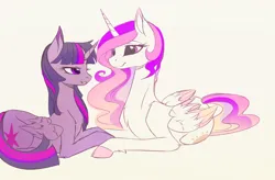 Size: 1600x1049 | Tagged: safe, artist:magnaluna, derpibooru import, princess celestia, twilight sparkle, twilight sparkle (alicorn), alicorn, pony, g4, colored wings, colored wingtips, duo, duo female, female, folded wings, horn, image, jpeg, lesbian, looking at each other, looking at someone, lying down, mare, prone, ship:twilestia, shipping, smiling, smiling at each other, tail, twilestia, unshorn fetlocks, wings