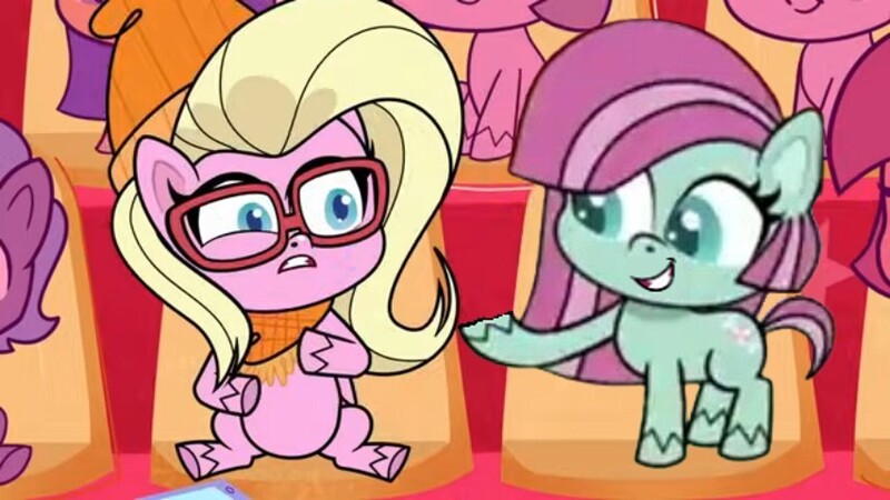 Size: 853x480 | Tagged: safe, artist:luckydog416, derpibooru import, edit, edited screencap, screencap, buttershy, minty, earth pony, pony, g4, how applejack got her hat back, my little pony: pony life, the great collide, spoiler:pony life s01e04, spoiler:pony life s01e26, bunty, clothes, female, glasses, hat, image, jpeg, mobile phone, phone, scarf, seat, ship:bunty