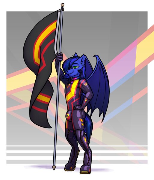 Size: 1755x2047 | Tagged: suggestive, artist:krd, derpibooru import, oc, oc:guard cobalt flash, unofficial characters only, anthro, bat pony, bat pony oc, bat wings, clothes, ear piercing, gloves, image, jpeg, latex, latex boots, latex gloves, latex suit, male, null bulge, piercing, pride, pride flag, rubber, rubber pride flag, solo, wings