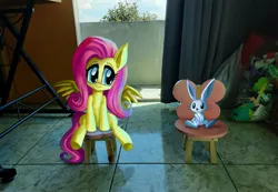 Size: 2983x2064 | Tagged: safe, artist:rafastary, derpibooru import, angel bunny, fluttershy, pegasus, pony, rabbit, g4, animal, chair, duo, image, irl, jpeg, photo, ponies in real life