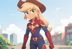 Size: 2432x1664 | Tagged: safe, ai content, derpibooru import, machine learning generated, prompter:kimberlite, stable diffusion, applejack, human, equestria girls, g4, angry, captain apple, generator:pony diffusion v6 xl, image, png, superhero