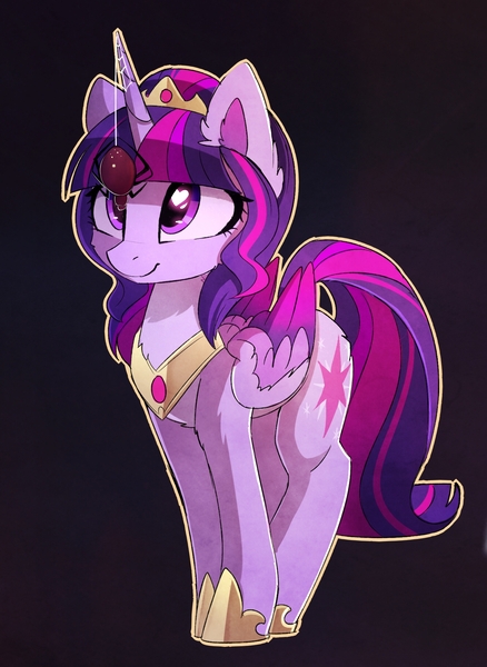 Size: 1328x1819 | Tagged: safe, alternate version, artist:magnaluna, derpibooru import, twilight sparkle, twilight sparkle (alicorn), alicorn, pony, spider, g4, adoracreepy, alternate hairstyle, cheek fluff, colored wings, colored wingtips, creepy, crown, cute, ear fluff, female, folded wings, gradient wings, heart, heart eyes, hoof shoes, horn, image, jewelry, jpeg, looking at something, mare, peytral, princess shoes, regalia, simple background, smiling, solo, tail, twiabetes, wingding eyes, wings