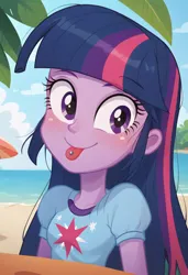 Size: 832x1216 | Tagged: safe, ai content, derpibooru import, machine learning generated, prompter:kimberlite, stable diffusion, twilight sparkle, human, equestria girls, g4, beach, generator:pony diffusion v6 xl, image, piercing, png, tongue out, tongue piercing