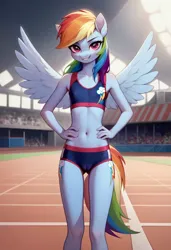 Size: 832x1216 | Tagged: safe, machine learning generated, prompter:rkmisc, rainbow dash, anthro, plantigrade anthro, bralette, breasts, briefs, cameltoe, clothes, cutie mark, cutie mark on clothes, hands on hip, image, jpeg, seductive pose, skinny, small breasts, smiling, smiling at you, solo, stadium, tail, underwear, wings