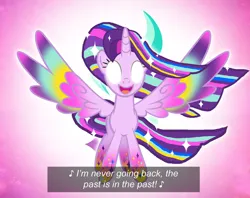 Size: 800x632 | Tagged: artist needed, safe, derpibooru import, starlight glimmer, alicorn, pony, alicornified, colorful, colorful wings, cutie mark background, female, flowing hair, flowing mane, flowing tail, frozen (movie), glow, glowing eyes, image, large wings, let it go, lyrics, magic, mare, pink background, png, race swap, rainbow power, rainbow power-ified, redeemed, reference, reference used, reformed, reforming, simple background, singing, spread wings, starlicorn, starlight glimmer's cutie mark, tail, text, transformed, white eyes, wings, xk-class end-of-the-world scenario