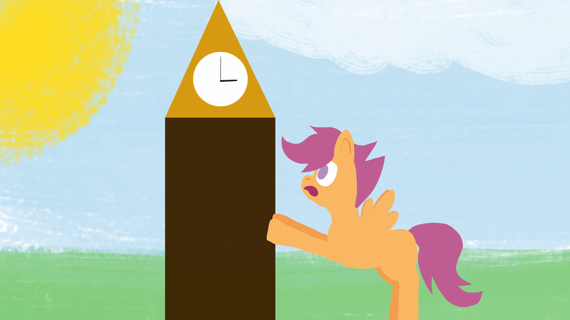 Size: 3840x2160 | Tagged: safe, artist:wissle, derpibooru import, scootaloo, pegasus, pony, g4, atg 2024, bipedal, bipedal leaning, clock tower, cloud, female, filly, foal, high res, image, leaning, newbie artist training grounds, no cutie marks yet, png, pushing, simple background, solo, sun