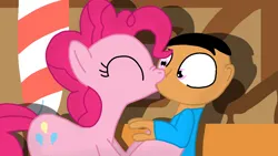 Size: 1280x720 | Tagged: safe, artist:cooperthedoodlian, derpibooru import, pinkie pie, oc, oc:william, earth pony, human, pony, g4, canon x oc, duo, duo male and female, female, image, kiss on the lips, kissing, male, mare, png, shipping, straight, sugarcube corner, surprise kiss, surprised