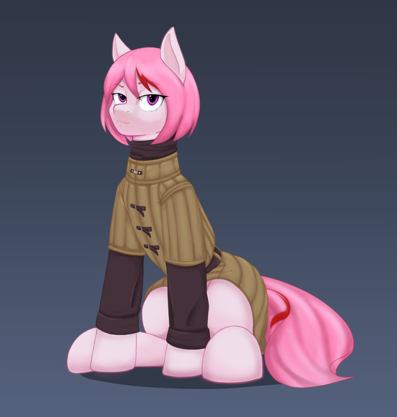 Size: 2380x2500 | Tagged: safe, artist:unchivalrous, derpibooru import, oc, oc:princess fiana ii snowflake, unofficial characters only, earth pony, pony, equestria at war mod, clothes, earth pony oc, female, gradient background, image, large butt, looking at you, mare, pink coat, pink hair, png, simple background, sitting, solo