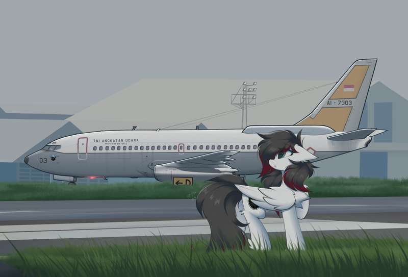 Size: 1800x1222 | Tagged: safe, artist:rieyadraws, derpibooru import, oc, oc:jet blast, unofficial characters only, pegasus, air force, air force base, airport, blue eyes, boeing, boeing 737, chest fluff, cutie mark, ear fluff, floppy ears, grass, hangar, husein sastranegara afb, image, indonesia, indonesian, jet engine, looking at something, plane, png, raised hoof, taxiway, wings