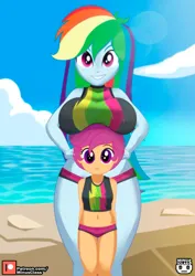 Size: 707x1000 | Tagged: suggestive, alternate version, artist:minusclass, derpibooru import, rainbow dash, scootaloo, human, equestria girls, g4, 2d, alternate character, beach, belly button, breasts, busty rainbow dash, cleavage, cloud, cutie mark, day, female, female focus, hand on hip, height difference, image, jpeg, looking at you, midriff, ocean, patreon, patreon logo, rainbow dash's beach shorts swimsuit, sand, sky, smiling, smiling at you, solo focus, swimming, water, wide hips