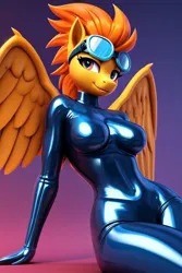 Size: 512x768 | Tagged: suggestive, ai content, derpibooru import, machine learning generated, prompter:chillyhooves, stable diffusion, spitfire, anthro, pegasus, goggles, goggles on head, gradient background, image, jpeg, latex, latex suit, sexy, stupid sexy spitfire