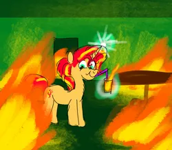 Size: 3200x2800 | Tagged: safe, artist:horsesplease, derpibooru import, sunset shimmer, ponified, elemental, elemental pony, fire pony, original species, pony, unicorn, drink, drinking, fiery shimmer, fire, glass, horn, image, looking at you, magic, meme, png, ponified meme, smiling, solo, straw, surreal, telekinesis, this is fine