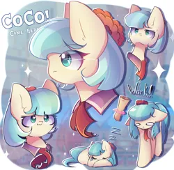 Size: 2250x2200 | Tagged: safe, artist:miryelis, derpibooru import, coco pommel, earth pony, pony, big ears, clothes, emotions, face, female, image, mare, png, short hair, smiling, solo, text