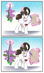 Size: 1249x2048 | Tagged: safe, artist:nekoshiei, derpibooru import, raven, spike, dragon, pony, unicorn, g4, my little pony: the manga, 2 panel comic, angry, comic, commission, correction, cute, female, finished commission, glasses, hair bun, horn, image, jpeg, magic, male, manga style, mare, mistake, mistakes were made, necktie, nervous sweat, older, older spike, pointing, ravenbetes, scroll, secretary, ship:ravenspike, shipping, simple background, spikabetes, straight, white background, winged spike, wings, younger spike