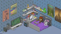 Size: 1920x1080 | Tagged: safe, artist:darkdoomer, ponerpics import, button mash, sweetie belle, renamon, yoshi, fallout equestria, 4chan, bed, bedroom, blanket, book, bookshelf, comfy, computer, console, controller, digimon, dreamcast, duo, everfree outpost, frederic molas, games, image, internet browser, isometric, keyboard, looking at something, manehattan, pixel art, playstation 2, png, poster, sleep tight, stereo, super famicom, television, toy, video game, wallpaper