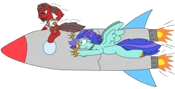 Size: 3332x1709 | Tagged: safe, artist:supahdonarudo, derpibooru import, oc, oc:ironyoshi, oc:sea lilly, unofficial characters only, classical hippogriff, hippogriff, unicorn, atg 2024, clothes, excited, flying, holding, horn, image, jewelry, necklace, newbie artist training grounds, png, rocket, scared, scratches, shirt, simple background, transparent background