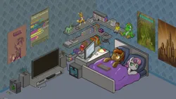 Size: 1920x1080 | Tagged: safe, alternate version, artist:darkdoomer, ponerpics import, button mash, sweetie belle, renamon, yoshi, fallout equestria, 4chan, bed, bedroom, blanket, book, bookshelf, comfy, computer, console, controller, digimon, dreamcast, duo, everfree outpost, frederic molas, games, image, internet browser, isometric, keyboard, looking at something, manehattan, night, pixel art, playstation 2, png, poster, sleep tight, stereo, super famicom, television, toy, video game, wallpaper